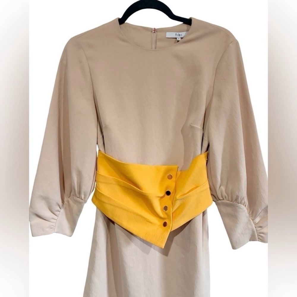 Tibi Shirred Sleeve Corset Waist Shift Dress Tan and Yellow - Picture 7 of 11